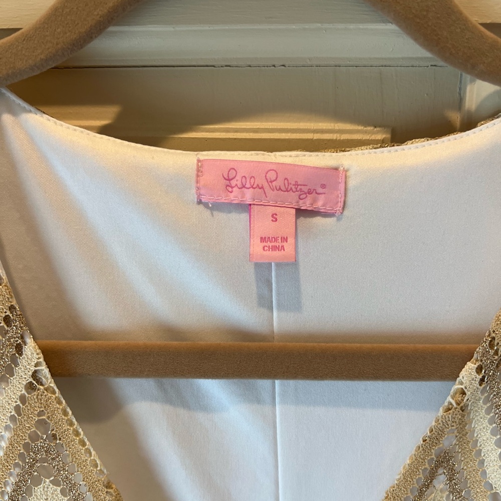 Lilly Pulitzer Cream and Tan Chevron Long Sleeve Metallic Dress - Picture 3 of 5